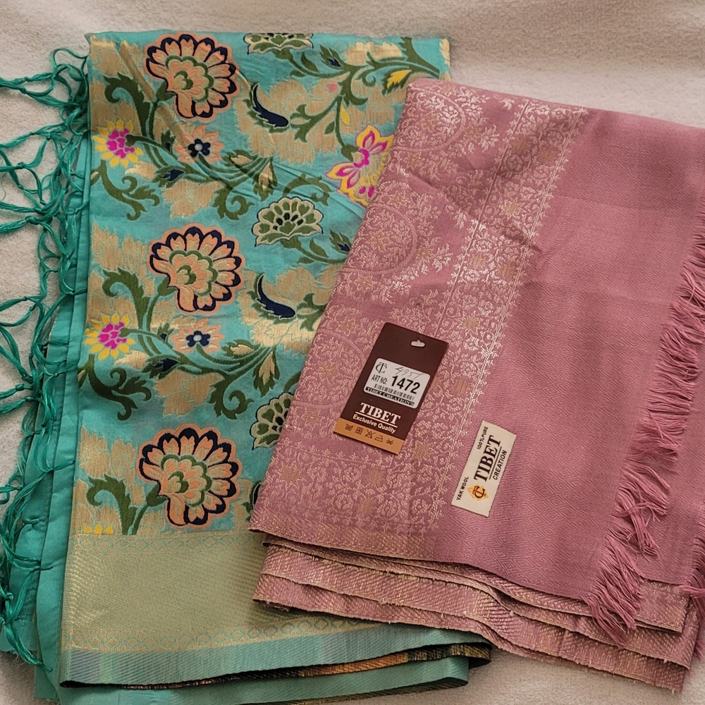 (2) different scarfs: Tibet Yak Wool Pink/Gold Shawl/Scarf 82x29 (315)